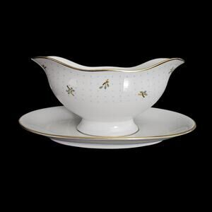 Richard Ginori Italy Porcelain Gravy Boat Attached Underplate Gold Trim Floral